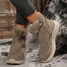 Bottes de neige confortables avec bordure en fourrure pour femmes, bout rond, fermeture éclair, bottes de cheville d'hiver décontractées pour sports de plein air, nouvelle doublure thermique épaisse, tige courte, noir - Kaki - Voir 4
