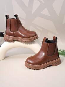 1 Pair Brown Toddler/Kids Ankle Boots, Soft Leather + Elastic Fabric Combo, Side Zipper, Round Toe, Non-Slip Soft Sole, Fashionable & Cute Chelsea Style, Suitable For Boys & Girls Casual, School, Holiday Wear, Autumn/Winter - Brown - View 7