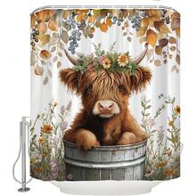 Highland Cow Eucalyptus Shower Curtain, Fall Leaves Print, Waterproof Polyester With Grommets, Farmhouse Bathroom Decor, Holiday Gift Idea