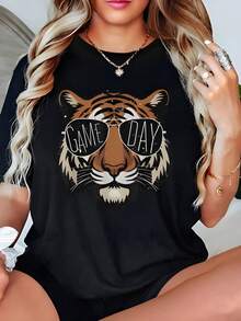 Game Day Tiger Graphic Black T - Shirt,220g Cotton Women's Casual Printed T-Shirt, Crew Neck Pullover Short-Sleeve