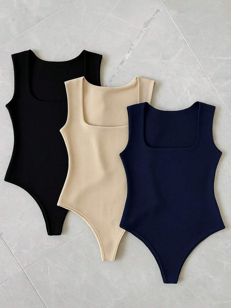 3-Piece Basic Bodysuit, Square Neckline, Wide Straps, Versatile Shapewear, Casual, Suplex, Fashion, Gringa Blogger - 海軍藍-黑色-裸色 - 查看 1