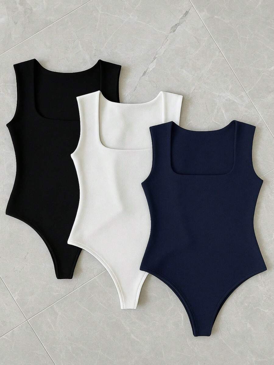 3-Piece Basic Bodysuit, Square Neckline, Wide Straps, Versatile Shapewear, Casual, Suplex, Fashion, Gringa Blogger - 海軍藍-黑-白 - 查看 1