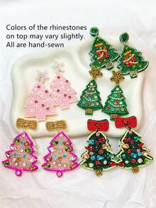1 Pair Of Vintage Handmade Beaded And Rhinestone Christmas Tree Earrings For Women, Perfect For The Holidays