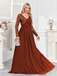 hezixi Sequin Splicing Chiffon A-Line Formal Evening Dress, V-Neck, Long Sleeve Elegant Prom Wedding Guest Gown, For Graduation, Dinner - Rust Brown - View 7