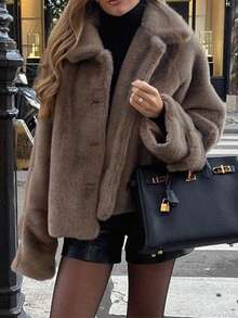 Live To Mo 女士复古风长袖开衫棕色仿皮草外套，适合圣诞节和日常穿着 - 棕色 - 查看 8