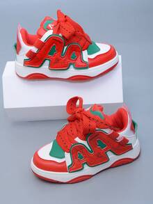 1 Pair Fashionable Dopamine Red PU Material Comfortable Non-Slip Durable Sporty Casual Sneakers For Children, Suitable For Daily Wear And Running - Red - View 2