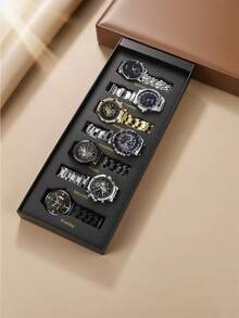7 件套优雅简约高端时尚休闲商务多功能仿三眼时尚男士手表礼品套装，适合生日、万圣节、秋季礼物
