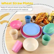 16/32pcs Kitchen Wheat Straw Large Size Dinnerware Set, Service For 4/8, Unbreakable Modern Dish Set-Dinner Plate/Dessert Plate/Cereal Bowl/Cup, Lightweight Tableware, Perfect Camping And Everyday Use - 彩色 - 查看 3