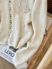 女式蕾丝拼布针织开衫，宽松设计毛衣外套，秋冬 - 杏色 - 查看 4