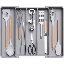 Lifewit Organizador de cubiertos Organizador de cajones de cocina expandible y organizador de utensilios, bandeja de cubiertas con divisores de cajones para utensilios de cocina y cubiertos gris - Turquesa - Ver 7