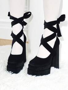 Platform High Heels For Women Goth Sexy Bow Chunky Heel Mary Janes Dressy Ankle Strap Round Closed Toe Y2K Shoes Elegant Outfits Valentine's Day - màu đen - Xem 1