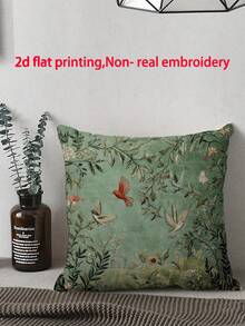 1pc Victoria Style Plush Green Plant & Bird Decorative Throw Pillow Cover, Machine Washable With Zipper, Woven Decor Cushion Case Suitable For All Rooms - Single-Sided Printed, No Embroidery - Multicolor - View 2