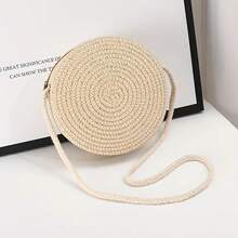Handcrafted Pendant| Fashionable Round Woven Women's Crossbody Bag - Handwoven Shoulder Bag, Suitable For Beach Vacation, Available In Coffee, White, And Cream Colors, Fashionable Tote Bag| Bohemian Style| Thread Zipper, Beach Bag Accessories - 卡其色 1 - 查看 4