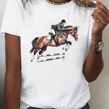 Women's 180g White Cotton Crew Neck Short Sleeve T-Shirt - Jumping Horse And Rider Print Design - Ideal For Horse Riding Lovers, Casual And Comfortable For Summer - White - View 9