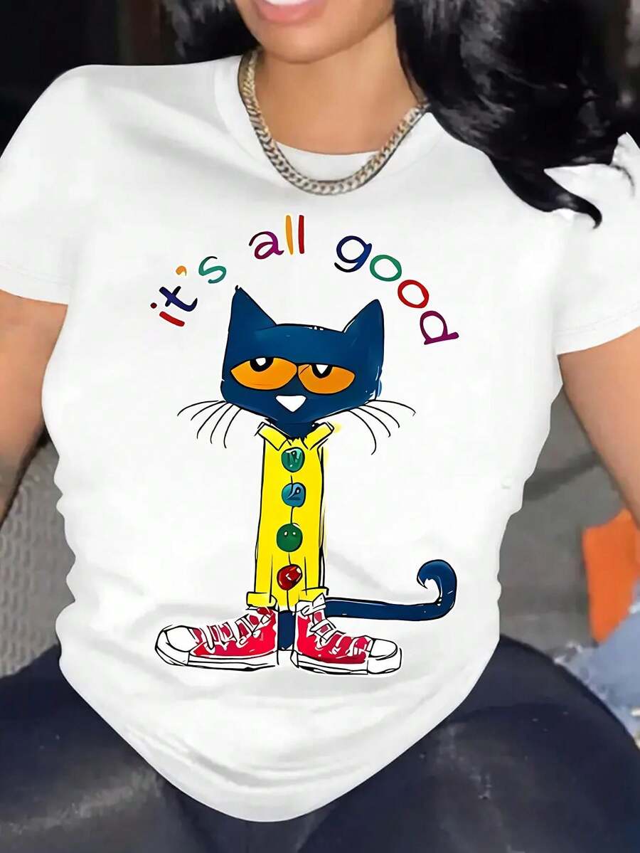 Camisetas femininas,Funny Cartoon Cat Print Crew Neck T-Shirt, Casual Short Sleeve T-Shirt For Spring & Fall, Women's Clothing