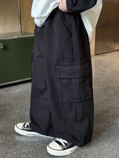1 件男童休闲宽松直筒多口袋工装裤，适合 4-7 岁，适合居家、日常通勤、上学、户外活动、派对、街头，适合秋冬季