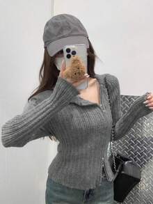 不对称设计双拉链开衫针织女衫，新款秋季修身长袖短款上衣