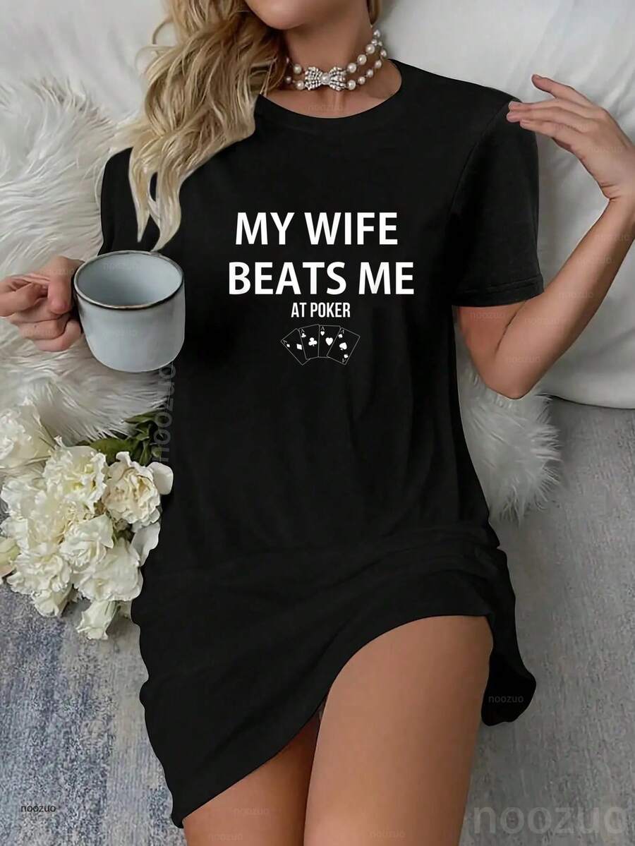 Mens My Wife Beat Me At Poker Player Game Card Lover Humorous Dress Pajamas Sleepdress Nightshirt - 黑色 - 查看 1