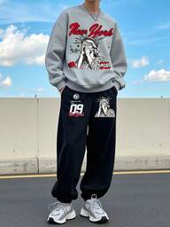 2pcs/Set Teenager Boys' Street Fashion Statue Graphic Print Loose Fit Crew Neck Sweatshirt + Statue Print Sweatpants Set, Boys' Solid Color Crew Neck Sweatshirt, Suitable For Daily Wear, Party, School, Music Festival, Vacation, Commute. Can Be Given As A Gift To Family, Boyfriend, Girlfriend, Friends.