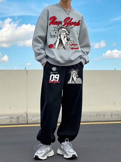 2pcs/Set Teenager Boys' Street Fashion Statue Graphic Print Loose Fit Crew Neck Sweatshirt + Statue Print Sweatpants Set, Boys' Solid Color Crew Neck Sweatshirt, Suitable For Daily Wear, Party, School, Music Festival, Vacation, Commute. Can Be Given As A Gift To Family, Boyfriend, Girlfriend, Friends.