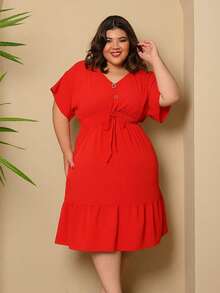Batwing Dress Plus Size Midi Short Sleeve Duna Fabric Size U/G1 From 44 To 50 With Front Buttons Fashion Elegant Simple Casual Elegant Party Ruffle Hem Buttons On The Front Knot Wedding - 紅色 - 查看 2