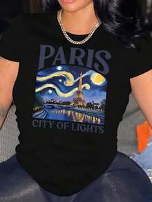 Women's Paris Eiffel Tower Graphic Tee - Casual Short Sleeve T-Shirt With "Paris City Of Lights" Print, Comfortable Summer Top For Casual Attire, Casual Attire Tee | Artistic Print Tee | 100%Cotton - Black - View 1