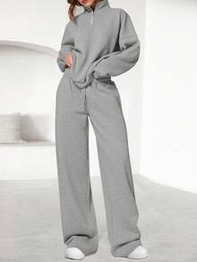Womens Casual 2 Piece Sets Fall Outfits Quarter Zip Sweatshirts Straight Leg Pants Sweatsuits Tracksuit Valentine Vacation Spring Clothes For Women - 灰色 - 查看 2