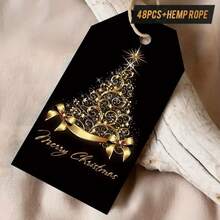 48pcs Christmas Black Gold Gift Tags With Hemp String – Festive Labels For Holiday Gift Wrapping, Christmas Tree Ornaments & Festive Home Decor, Ideal For Christmas Party Supplies - Multicolor - View 6