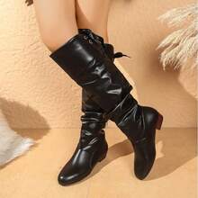 New Style High-Heeled Boots, Flat Thick Soles, Autumn And Winter Women's Boots, Daily Versatile, Comfortable, Wrinkled Plush Long Shoes - Black - View 3