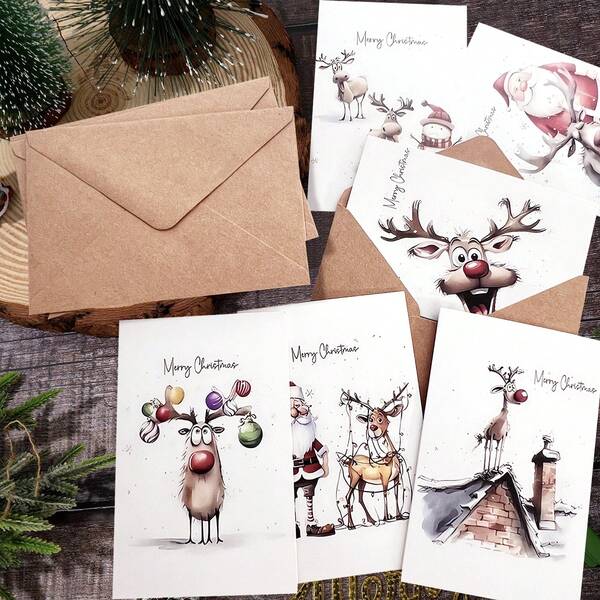 Zestaw 12 zabawnych kartek świątecznych WhimsyWorks z kopertami – różne wzory świąteczne dla rodziny, przyjaciół i współpracowników – puste wnętrze na osobiste wiadomości – odpowiednie na Nowy Rok, gratulacje i podziękowania