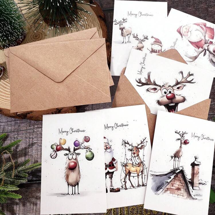 12 st WhimsyWorks nyckfulla julhälsningskort med kuvert - Blandade jultema-designer, lämpliga för familj, vänner och kollegor - Tomma inuti för personliga hälsningar - Även lämpliga för nyår, grattis och tacktillfällen - Multifärgad - Visa 1