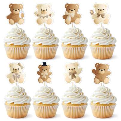 8pcs/24pcs/48pcs Bear Cupcake Toppers For BabyShower Party Birthday Party Cake Decor Supplies