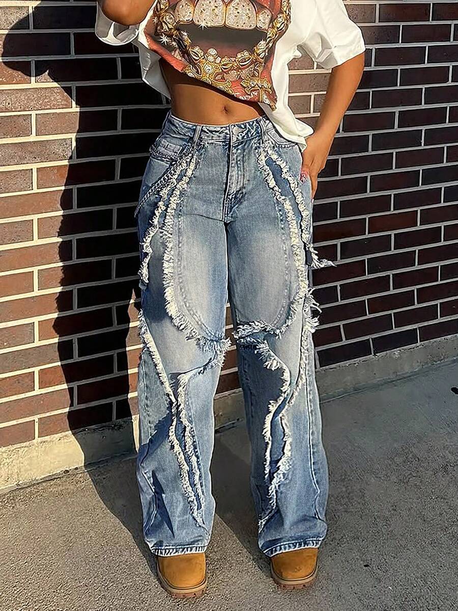 Y2K街头风90年代复古流苏直筒牛仔裤，休闲百搭户外派对夜店性感牛仔裤，秋季女装春季时尚 - 藍色 - 查看 1