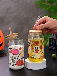 1pc Halloween Soda Cup High Borosilicate Glass Straw Cup Bamboo Lid Water Cup Heat Resistant Ins Style Glass Cup