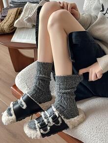 1 双女士纯色加厚保暖羊毛混纺粗针织中筒袜，适合秋冬季日常和居家穿着