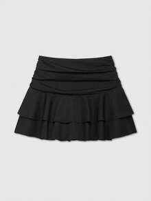 Women's Casual Solid Color Drawstring Pleated Layered Mid-Waist Skorts