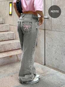 Y2K风格宽松直筒牛仔裤，后袋饰有蝴蝶结，欧美跨境新款休闲春季单品 - 淺灰色 - 查看 3