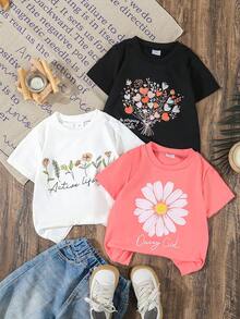 小女孩 3 件装花卉印花圆领短袖 T 恤，休闲儿童上衣，多色，夏季