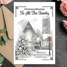 1pc Festive Christmas Greeting Card For All Family Members - Paper Card With Envelope, Religious Church Scene, Seasonal Wishes, Joy And Peace, Holiday Greetings, Suitable For Anyone,