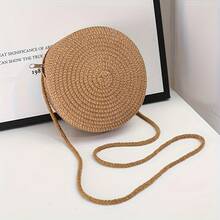 Handcrafted Pendant| Fashionable Round Woven Women's Crossbody Bag - Handwoven Shoulder Bag, Suitable For Beach Vacation, Available In Coffee, White, And Cream Colors, Fashionable Tote Bag| Bohemian Style| Thread Zipper, Beach Bag Accessories - 卡其色 1 - 查看 2