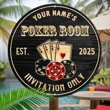 [2D Flat] Personalized Retro "POKER ROOM" Aluminum Sign - Customizable Circular Wall Art, Rustic Vintage Decor - 彩色 - 查看 2