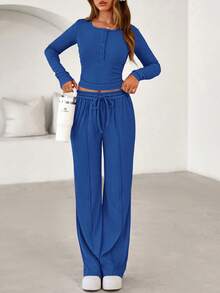 PRETTYGARDEN Women's Spring Fall 2 Piece Outfits Lounge Sets Long Sleeve Top Henley Shirts Wide Leg Pants Travel  Sweatsuit Set Women Clothes Home Clothes Going Out Outfits Sports Valentine Vacation Outfit For Women - 藍色 - 查看 4
