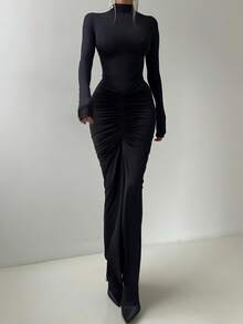 Solid Color Elegant Ruched Mock Neck Long Sleeve Bodycon Dress Black Spring - Black - View 1