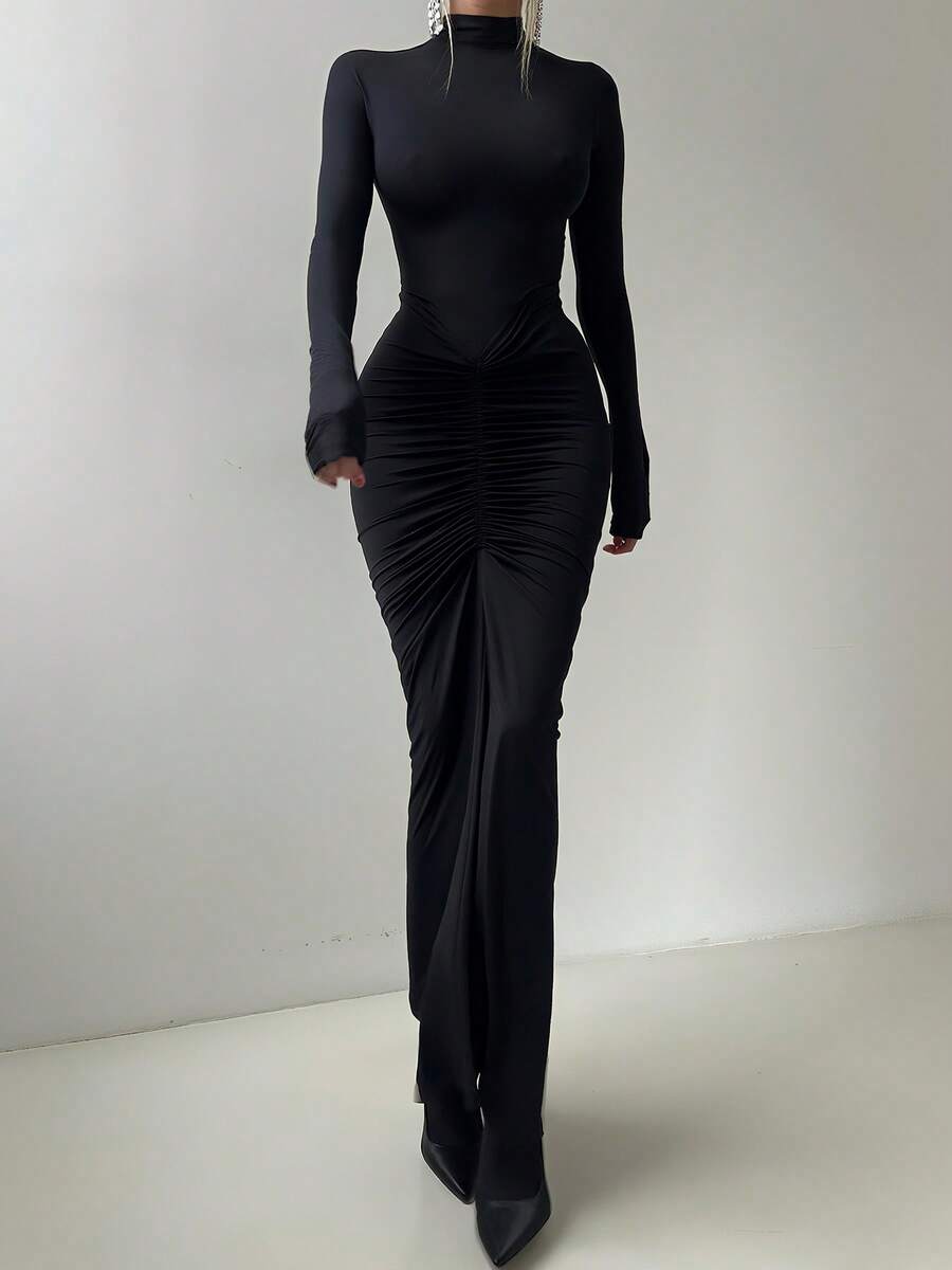 Solid Color Elegant Ruched Mock Neck Long Sleeve Bodycon Dress Black Spring - Black - View 1