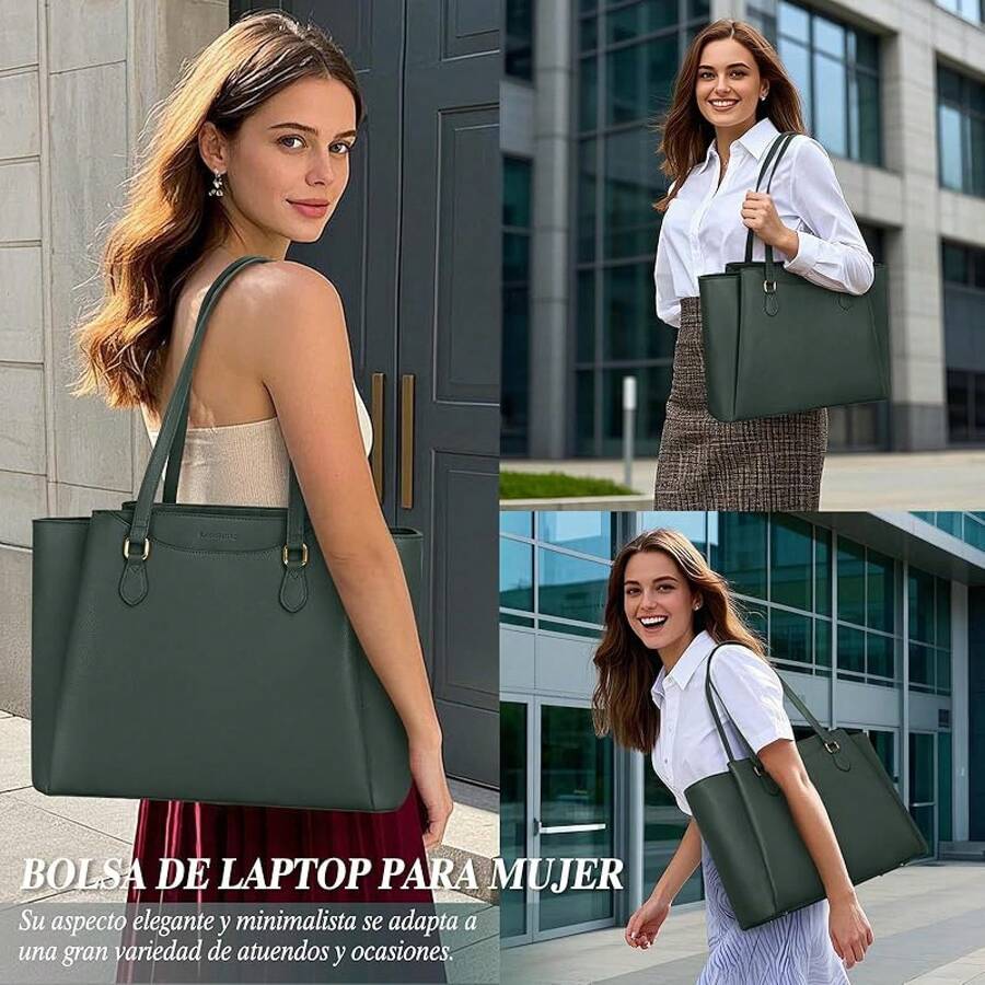 Bolsas para Laptop de Mujer 15.6 Pulgadas Maletin Portafolios de Piel Bolso Tote Grande Para Trabajo Universidad - verde - Ver 1