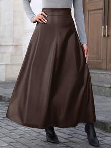 Mobula Sound# 时尚休闲性感音乐节风PU喇叭裙，优雅女士款 - 棕色 - 查看 5