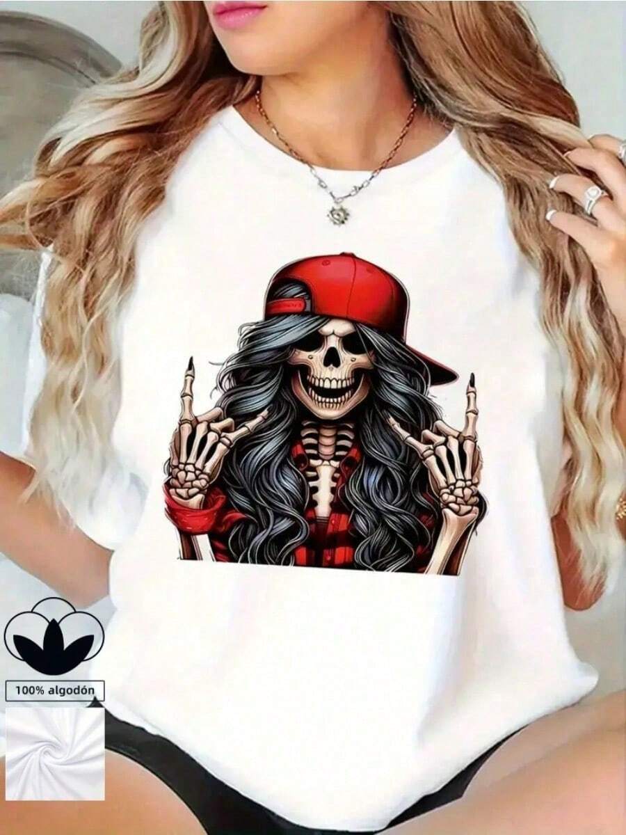 Camiseta blanca de mujer de talla grande, 100% algodón, con emocionante estampado gráfico de calavera, camiseta de manga corta con cuello redondo casual y cómoda, ropa de primavera y verano, adecuada para cualquier ocasión, color sólido, casual, uso diario. - Blanco - Ver 1