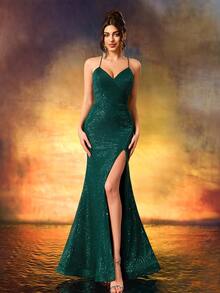 Women's Demure Stiletto Heeled Evening Gown Luxury Sequins Sparkling V-Neck Dress Front Split Gown For Wedding Guest,Formal Evening,Red Carpet, Elegant - Dark Green - View 4