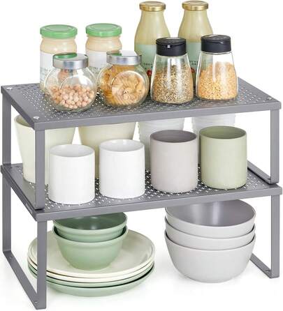 SONGMICS Especiero, Estante para Especias, Organizador para Armarios, Apilable, Ampliable, Juego de 2 Estantes Metálicos, Plata MKCS401G01