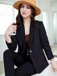 HOMEYEE Plus Size Lapel Collar Long Sleeve Buttoned Vintage Casual Business Professional Vacation Daily Blazer Jacket - 黑色 - 查看 8